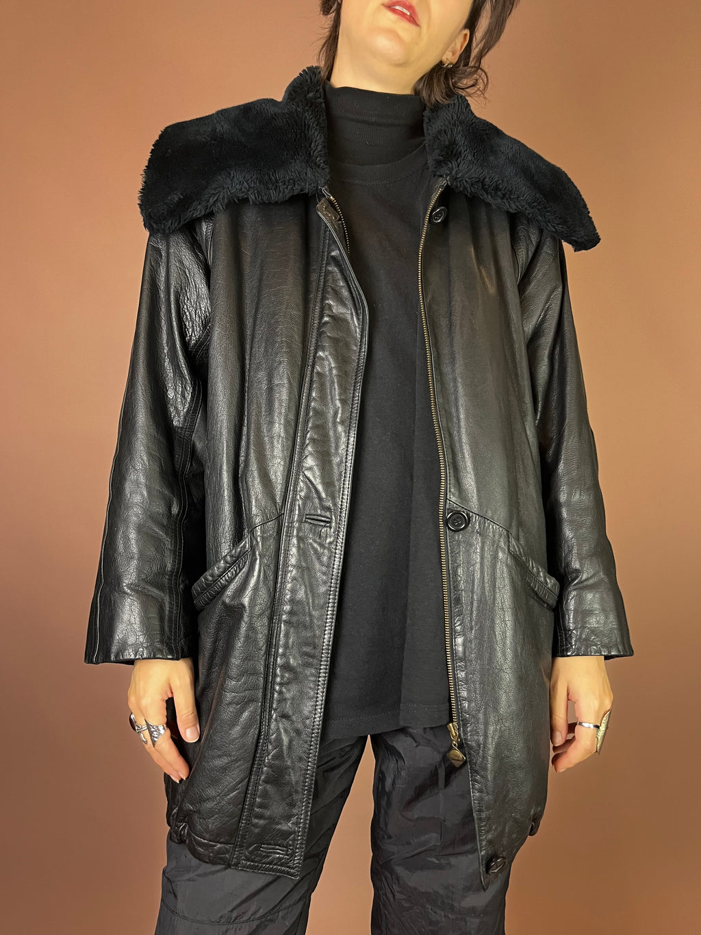 Lederjacke Kurzmantel Fellkragen Schwarz Kuschel Gr. 40