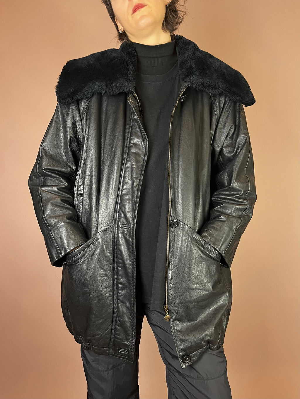 Lederjacke Kurzmantel Fellkragen Schwarz Kuschel Gr. 40