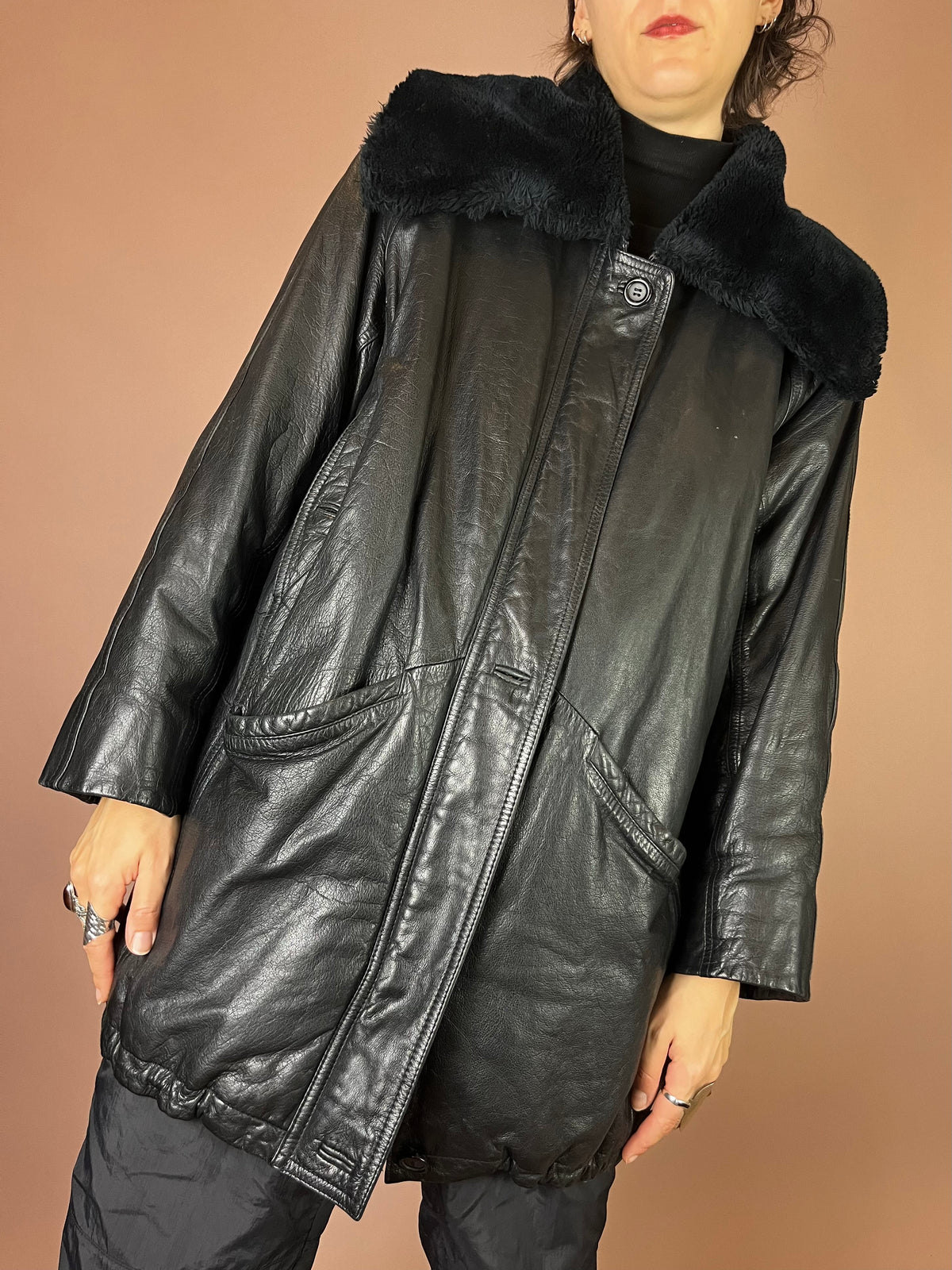 Lederjacke Kurzmantel Fellkragen Schwarz Kuschel Gr. 40