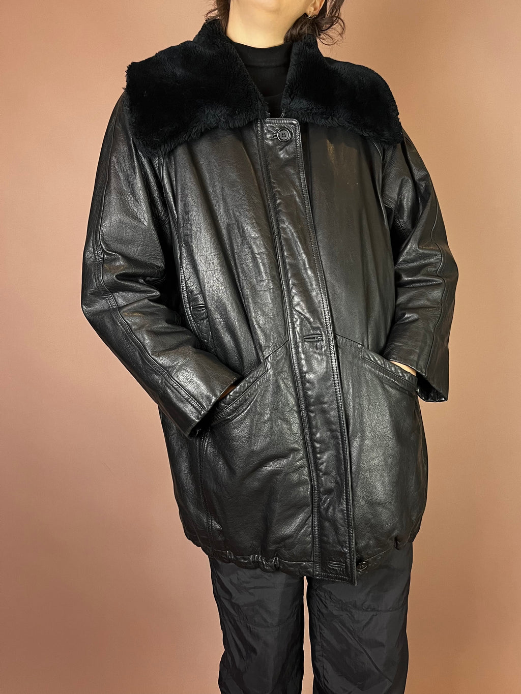 Lederjacke Kurzmantel Fellkragen Schwarz Kuschel Gr. 40