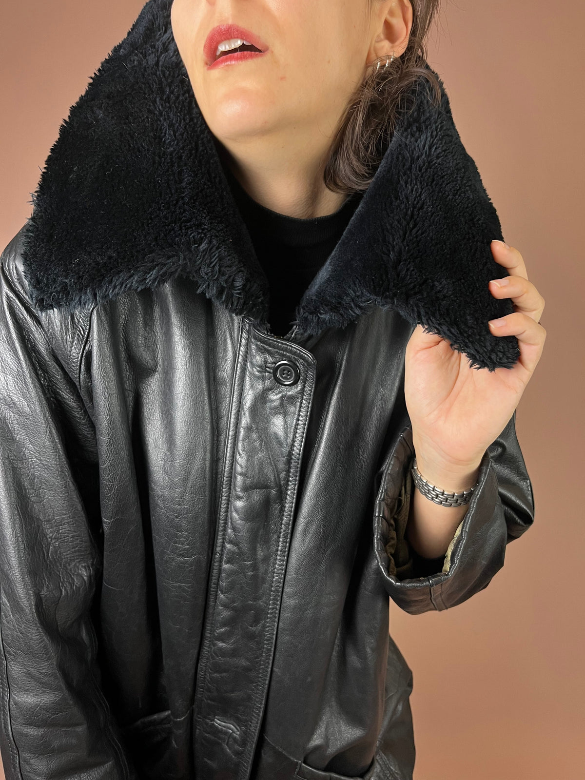Lederjacke Kurzmantel Fellkragen Schwarz Kuschel Gr. 40