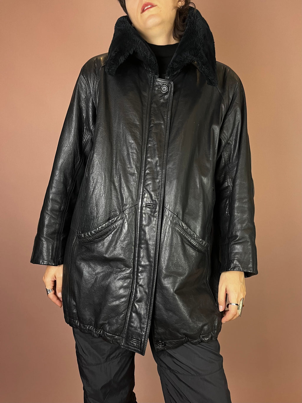 Lederjacke Kurzmantel Fellkragen Schwarz Kuschel Gr. 40