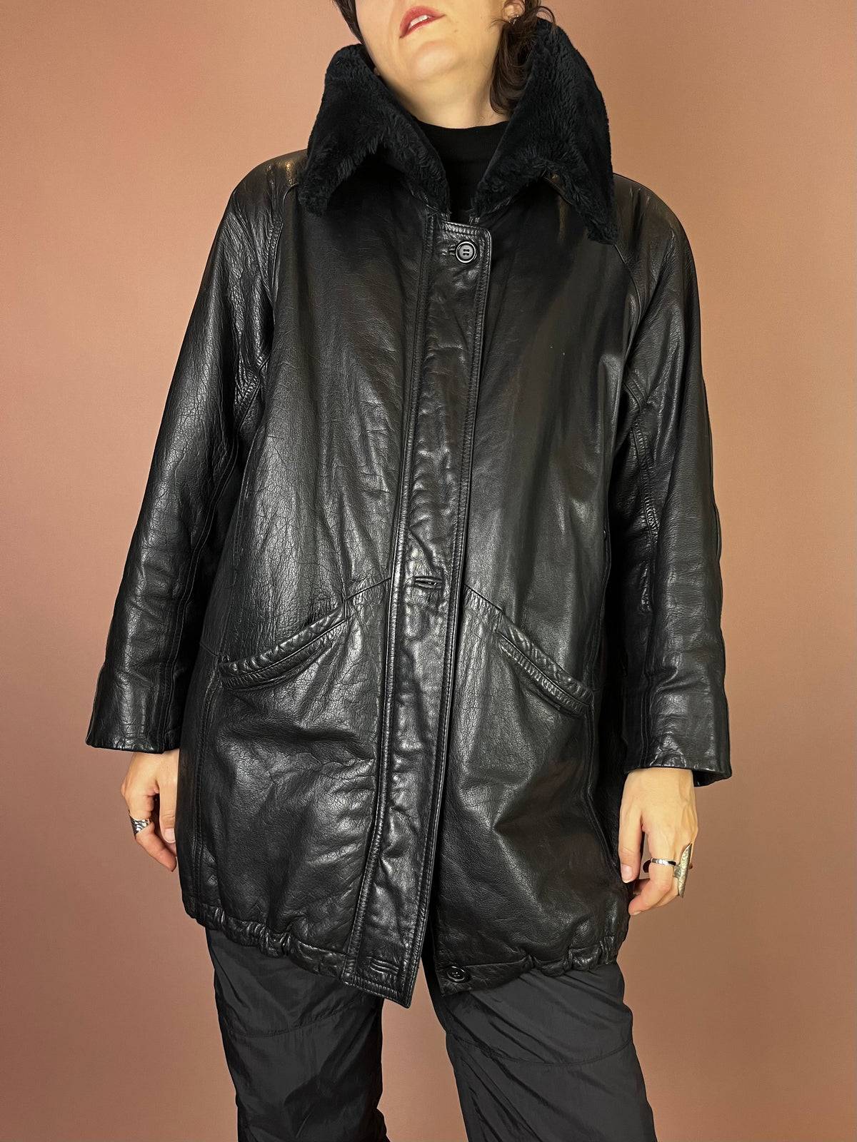 Lederjacke Kurzmantel Fellkragen Schwarz Kuschel Gr. 40