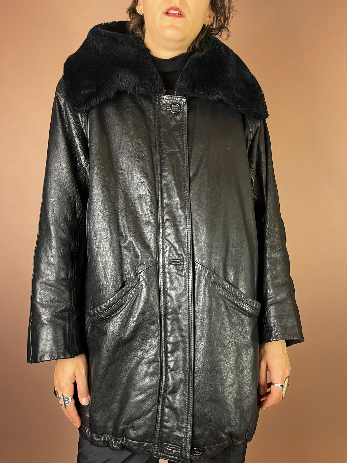 Lederjacke Kurzmantel Fellkragen Schwarz Kuschel Gr. 40