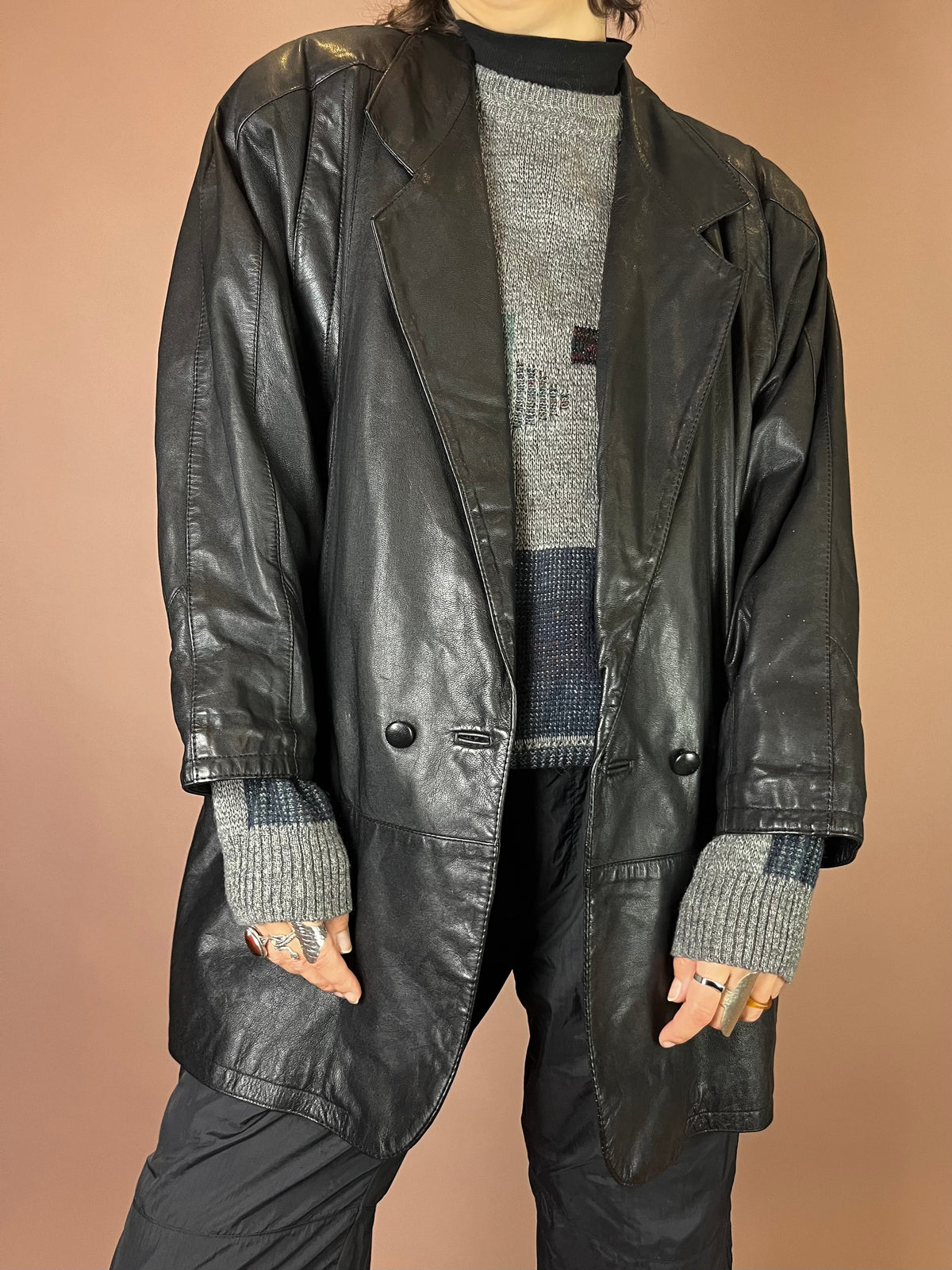 Lederjacke Blazer Mantel Schwarz Glattleder Gr. 42