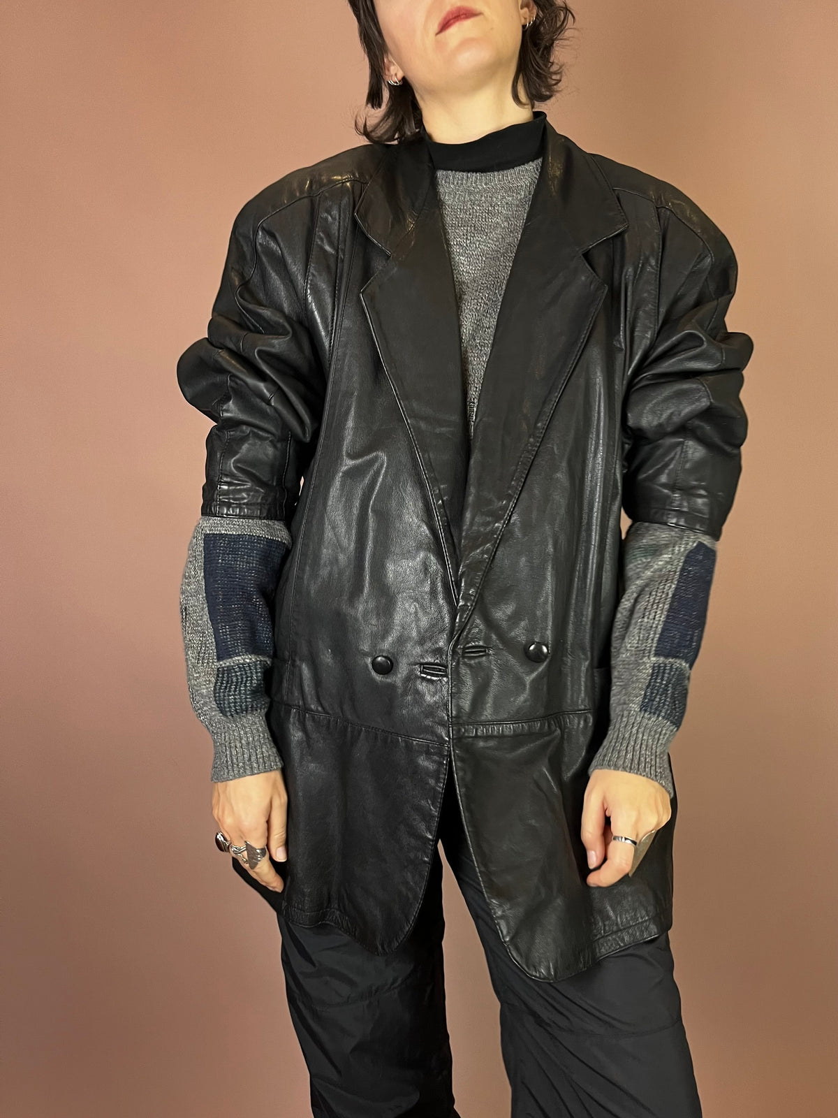 Lederjacke Blazer Mantel Schwarz Glattleder Gr. 42