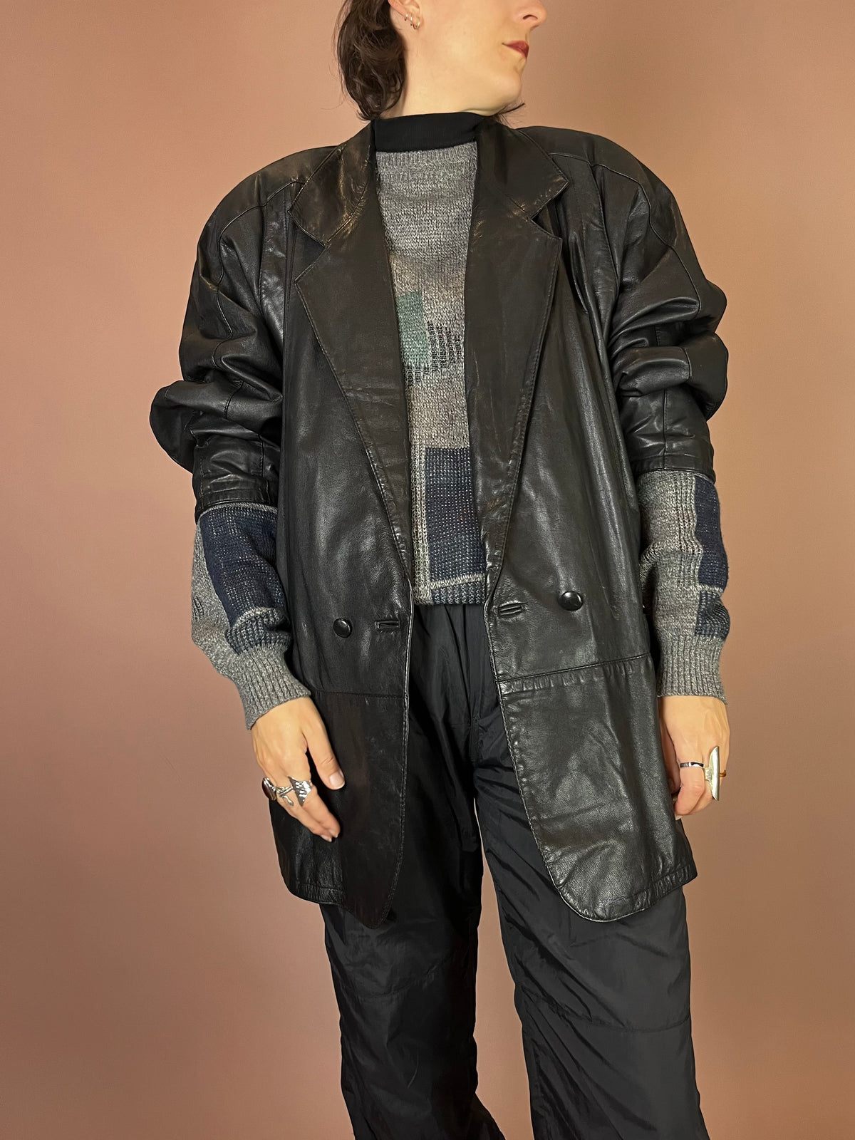 Lederjacke Blazer Mantel Schwarz Glattleder Gr. 42