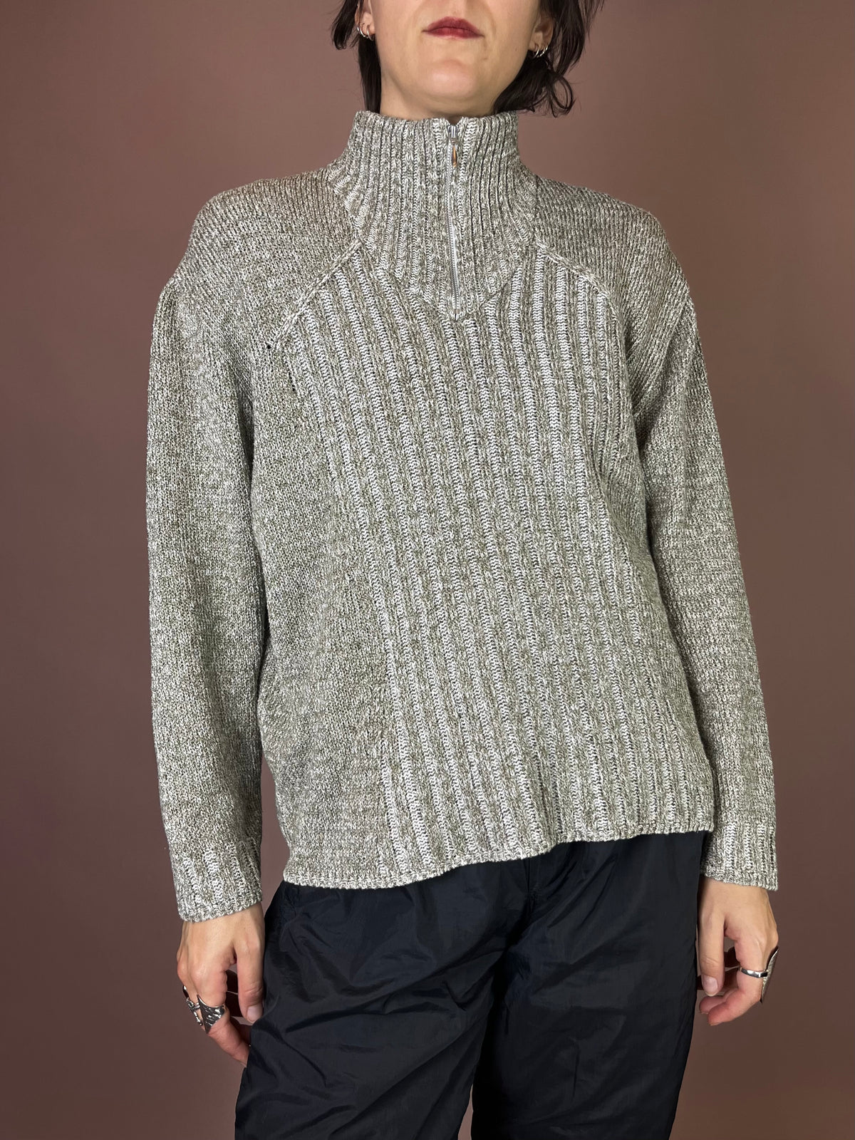 Troyer Pullover Strick Weiß Khaki Gr. 40