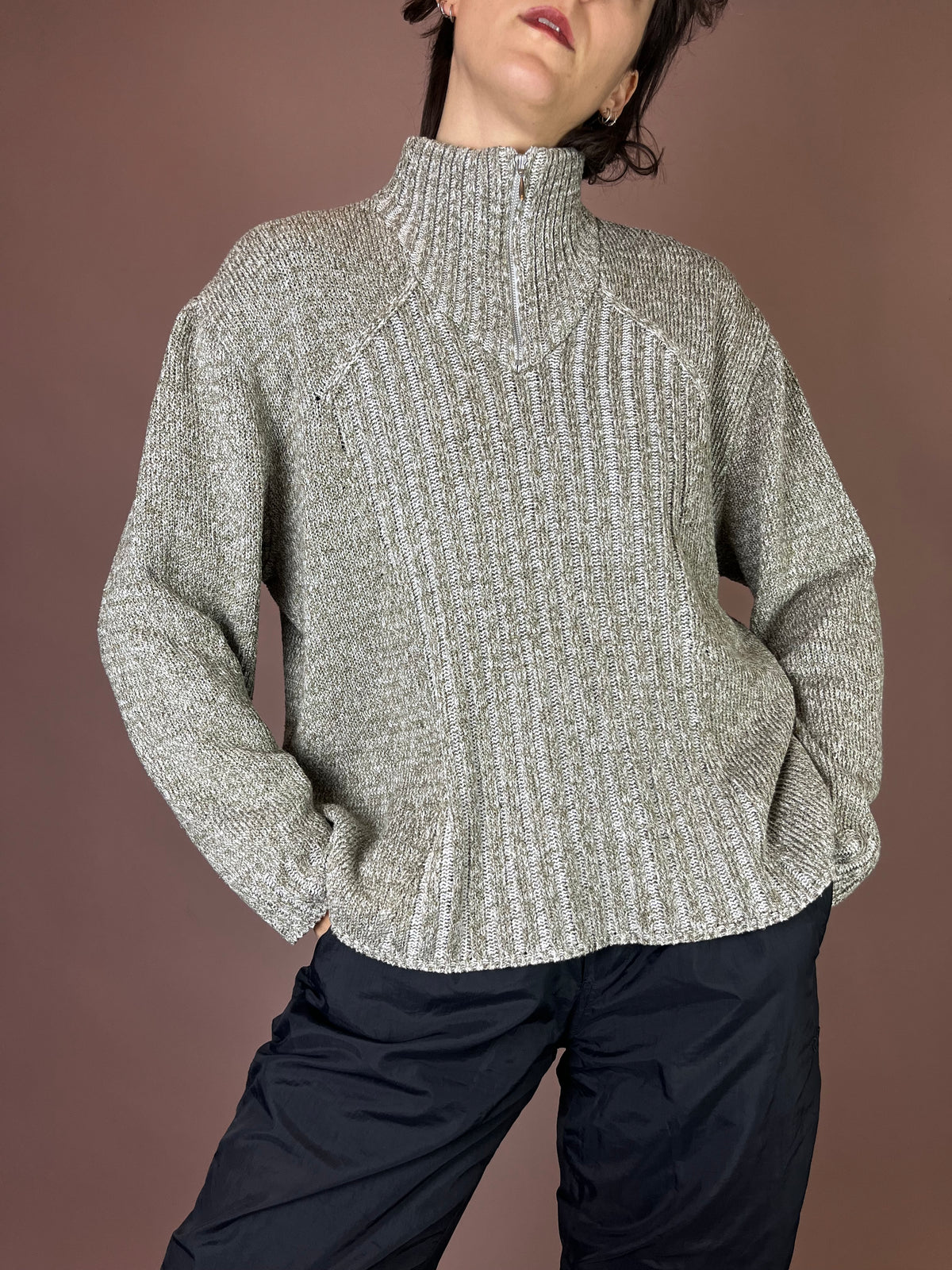 Troyer Pullover Strick Weiß Khaki Gr. 40