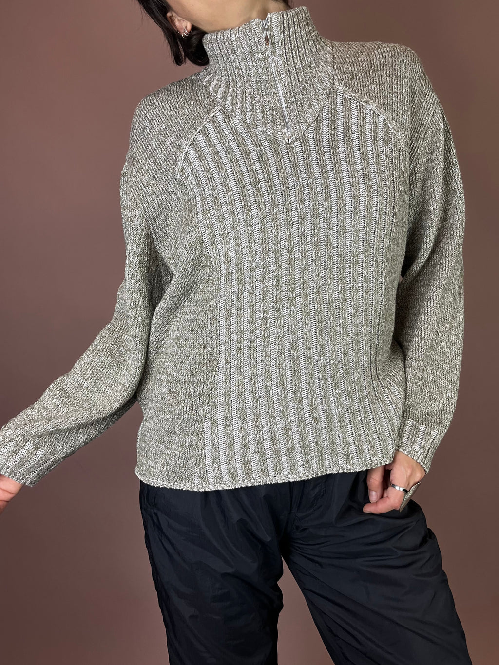 Troyer Pullover Strick Weiß Khaki Gr. 40