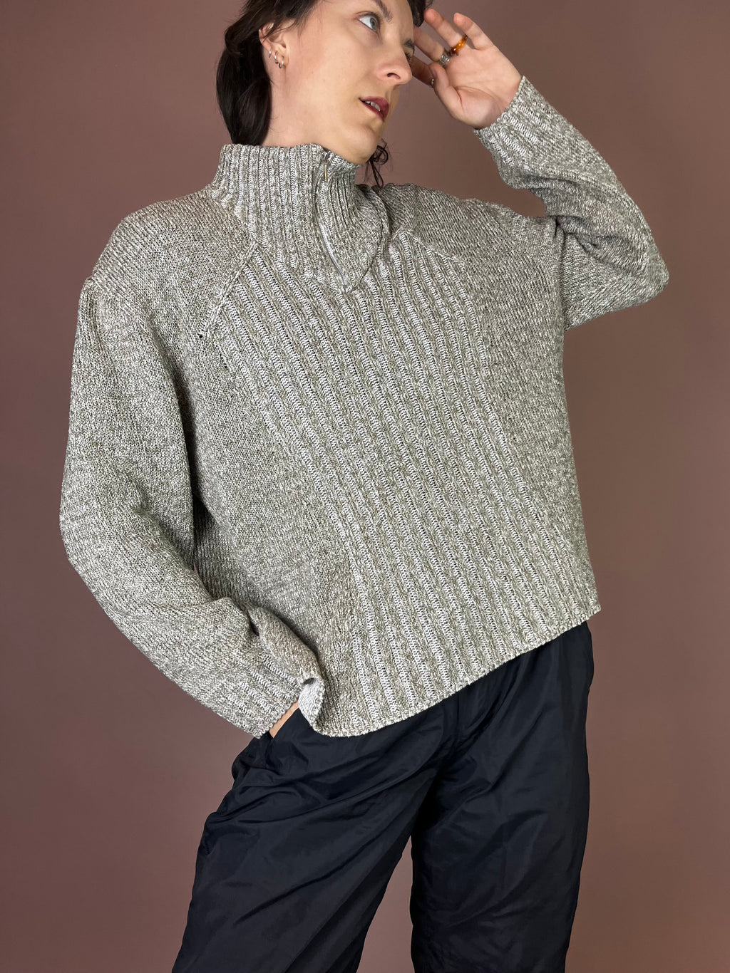 Troyer Pullover Strick Weiß Khaki Gr. 40
