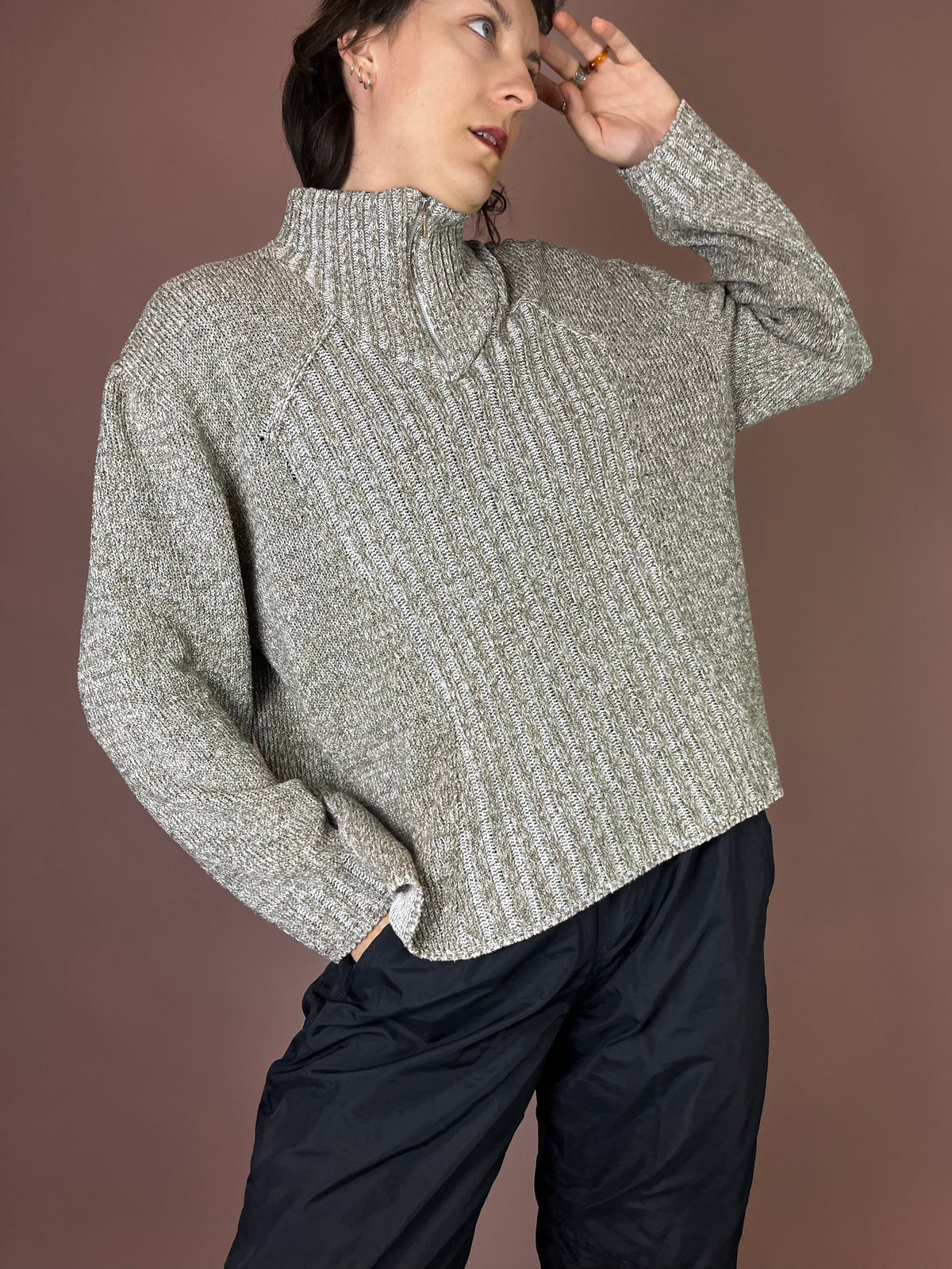 Troyer Pullover Strick Weiß Khaki Gr. 40