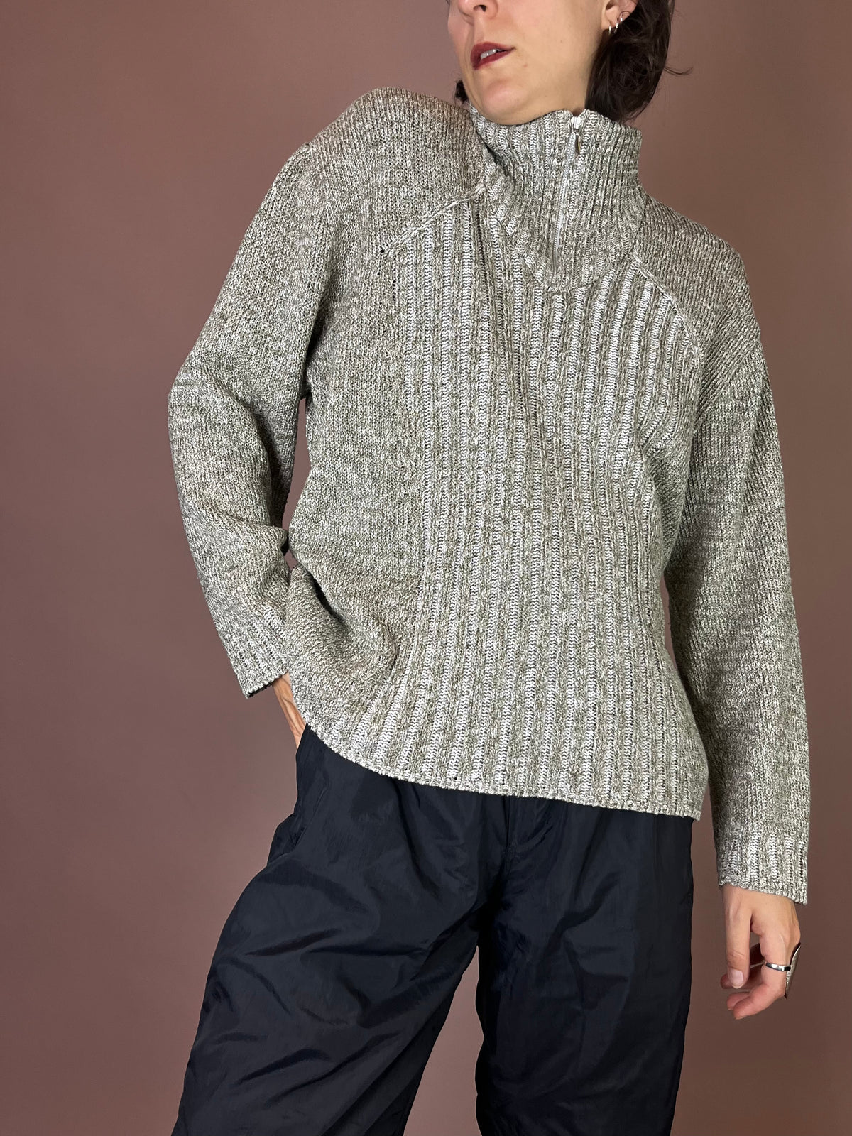 Troyer Pullover Strick Weiß Khaki Gr. 40