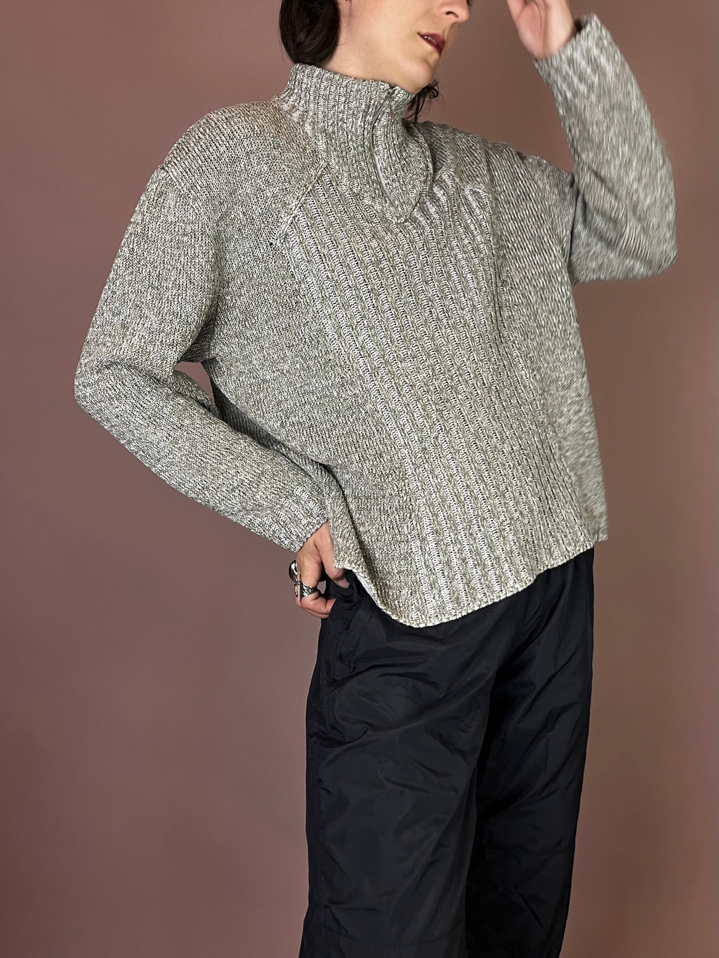 Troyer Pullover Strick Weiß Khaki Gr. 40