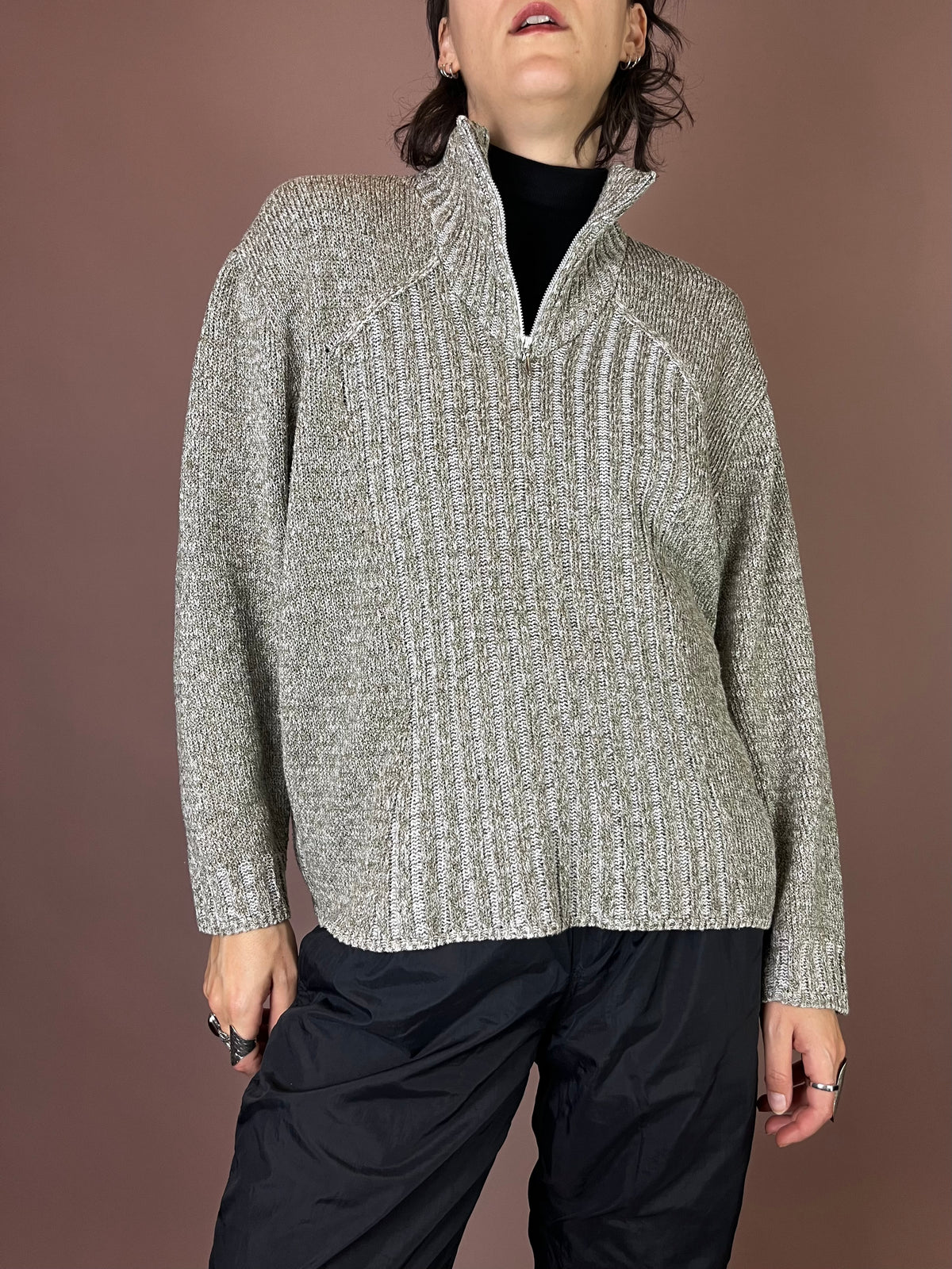 Troyer Pullover Strick Weiß Khaki Gr. 40