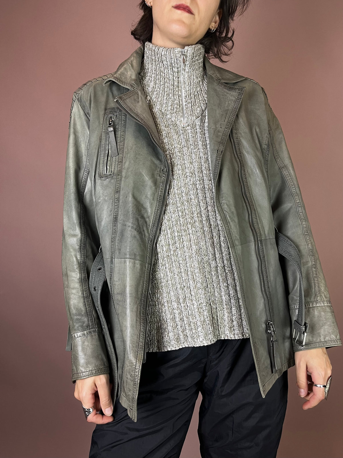 Lederjacke Grüngrau Biker Gürtel Gr. 38