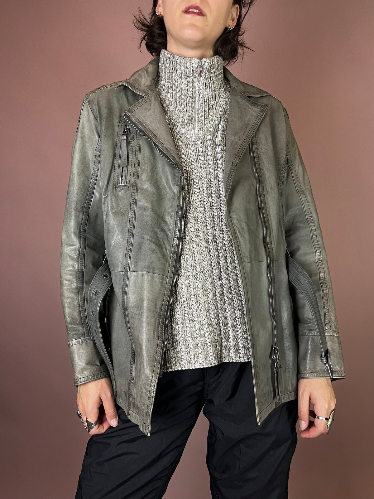 Lederjacke Grüngrau Biker Gürtel Gr. 38