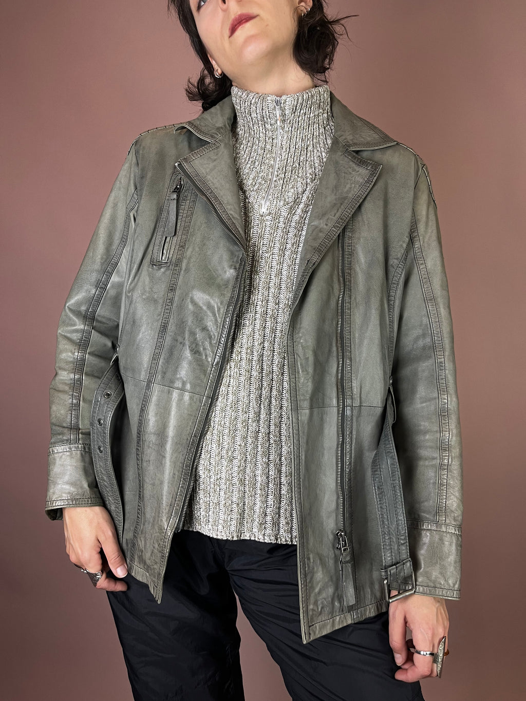 Lederjacke Grüngrau Biker Gürtel Gr. 38