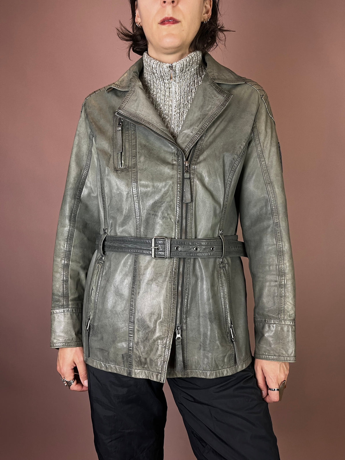 Lederjacke Grüngrau Biker Gürtel Gr. 38