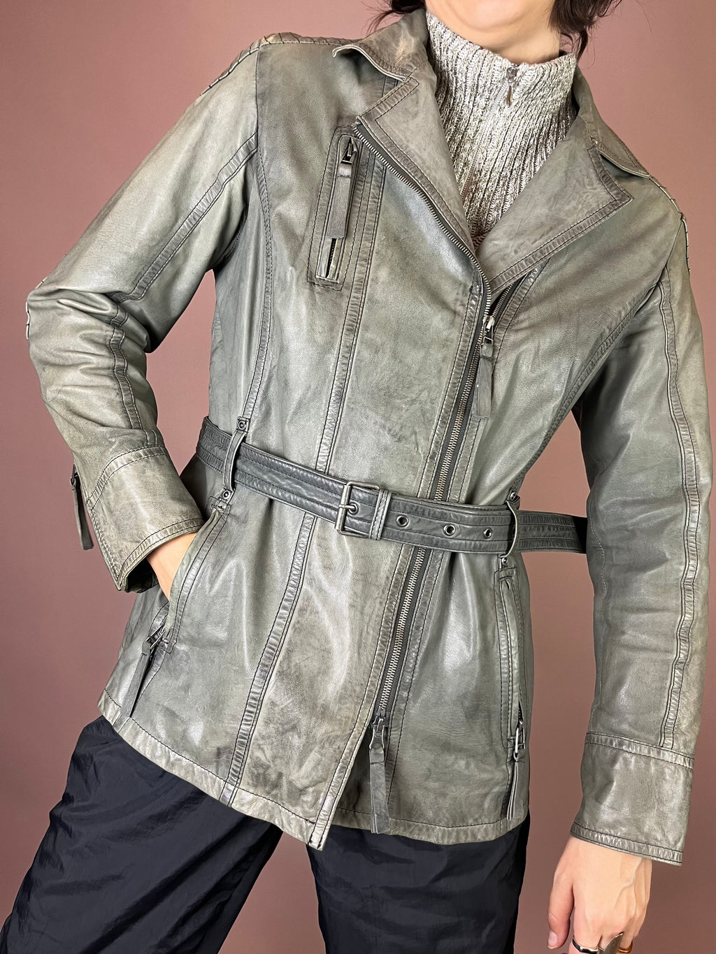 Lederjacke Grüngrau Biker Gürtel Gr. 38
