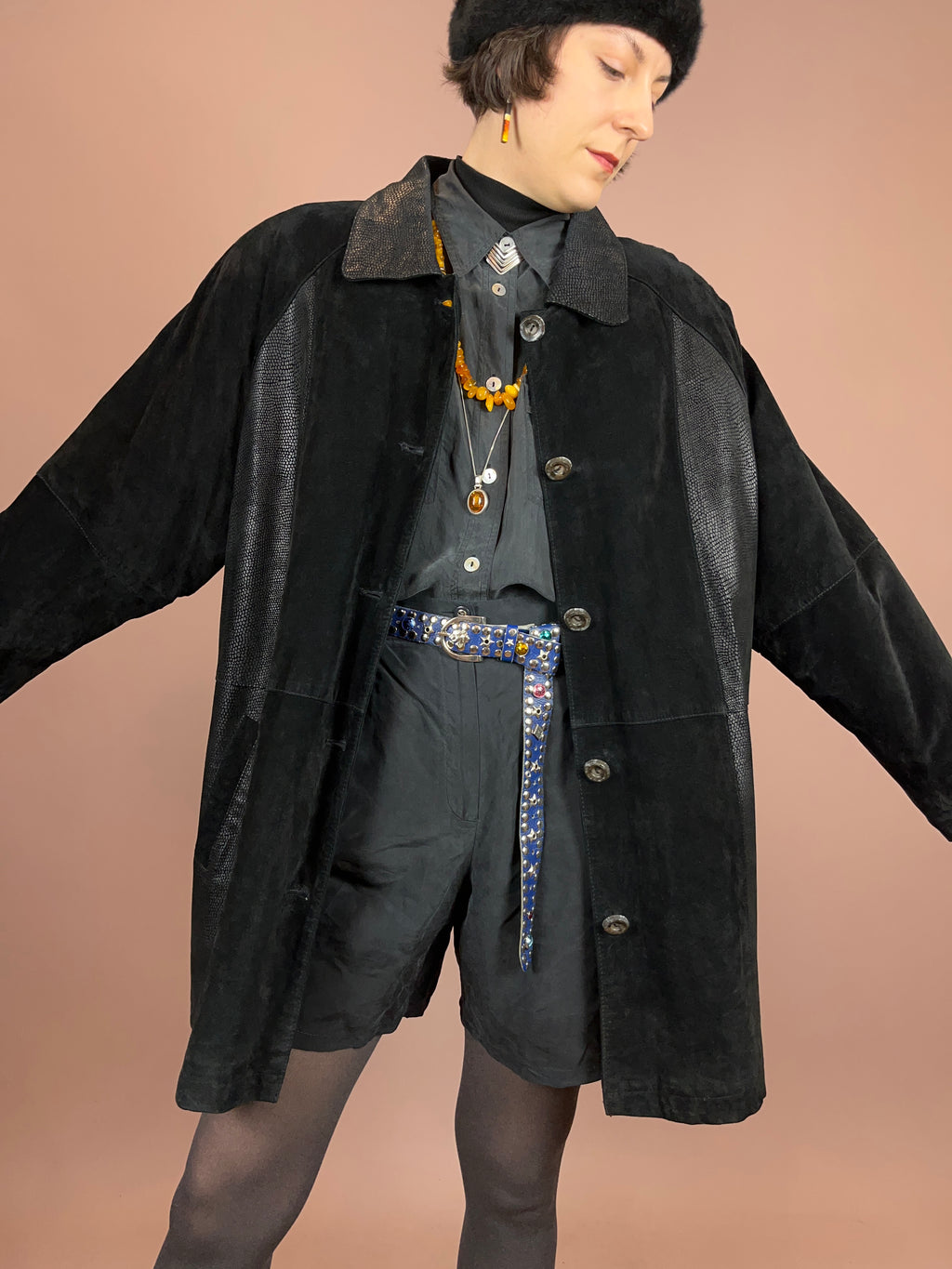 Kurzmantel Schwarz Leder Schlange Gr. 42