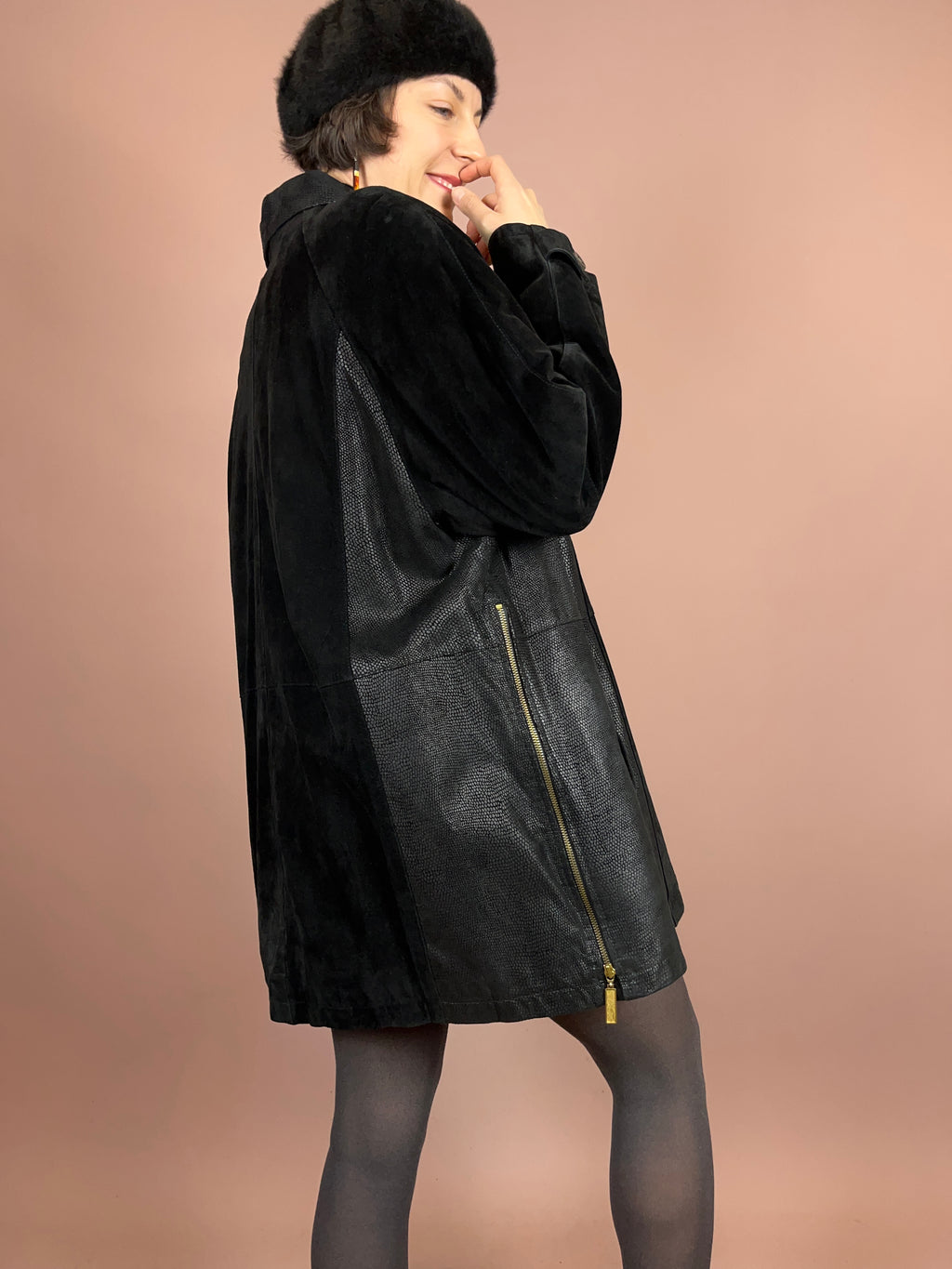 Kurzmantel Schwarz Leder Schlange Gr. 42
