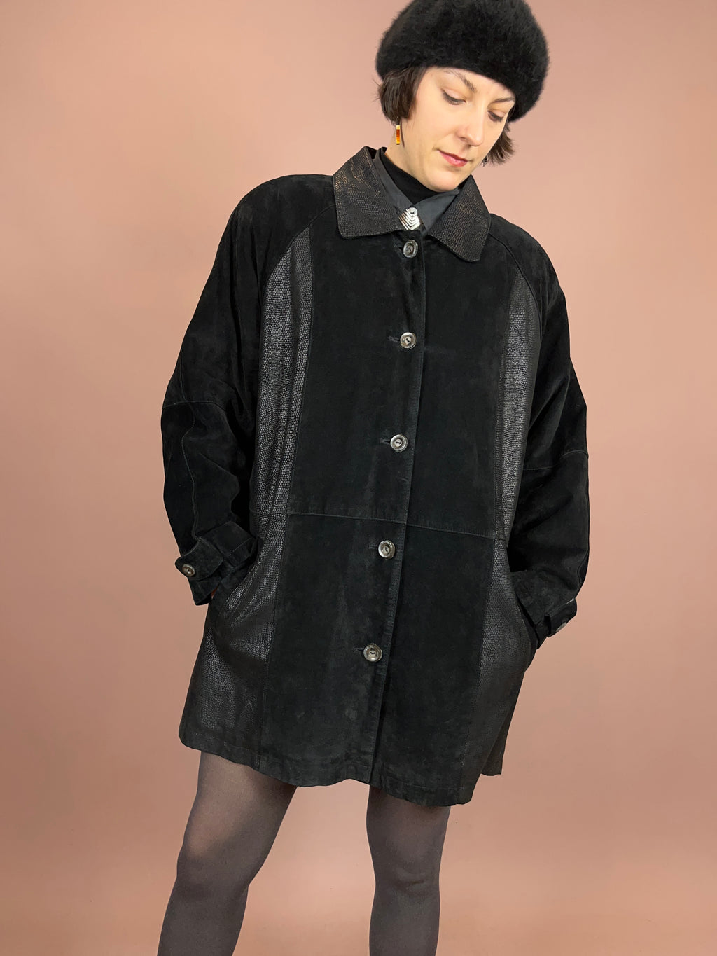 Kurzmantel Schwarz Leder Schlange Gr. 42