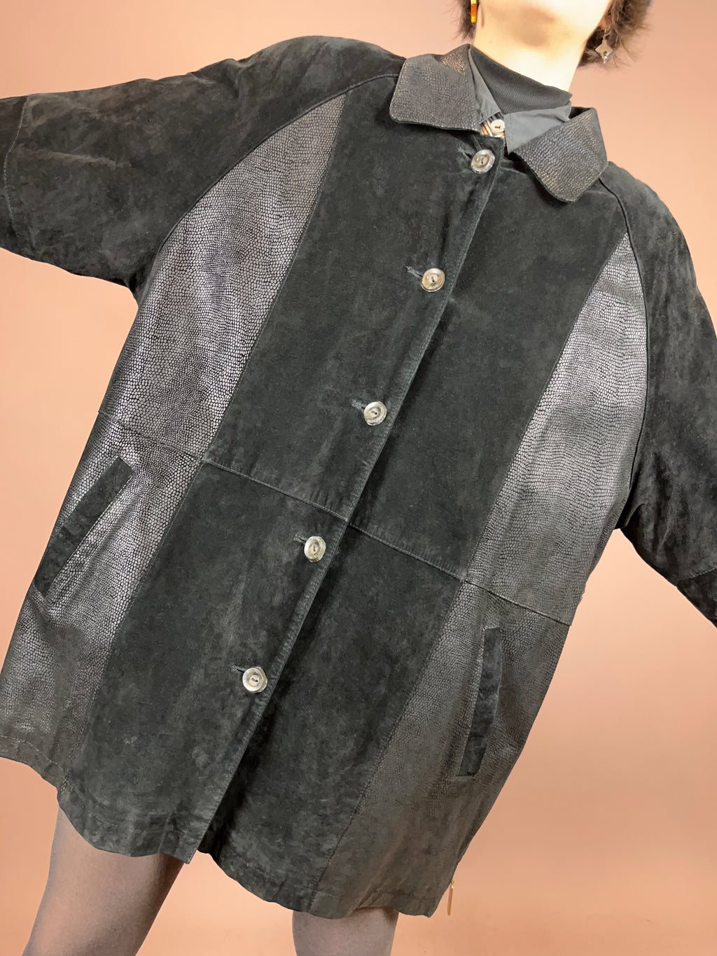 Kurzmantel Schwarz Leder Schlange Gr. 42