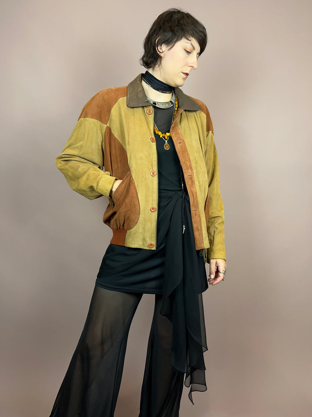 Lässige Wildlederjacke Senf Braun Gr. M