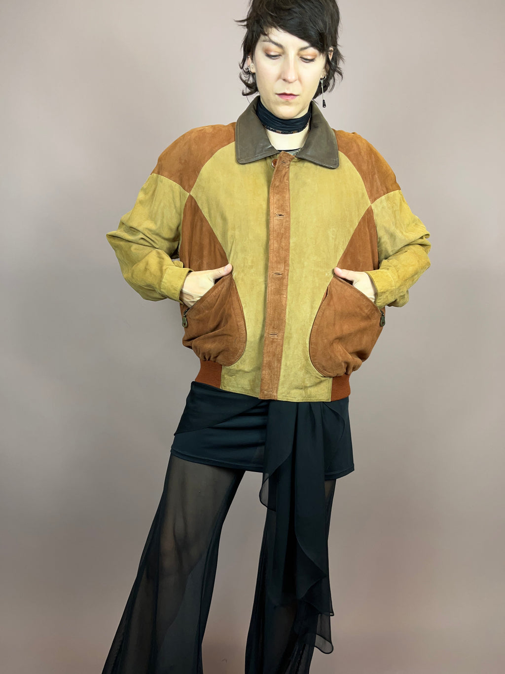 Lässige Wildlederjacke Senf Braun Gr. M
