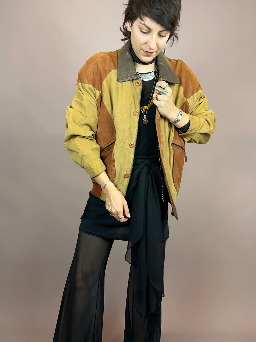 Lässige Wildlederjacke Senf Braun Gr. M